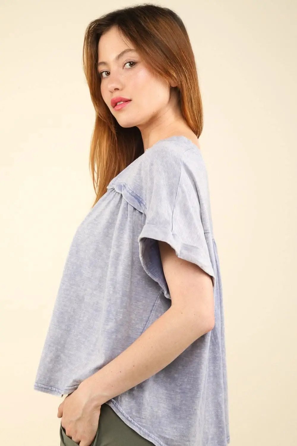Chic and casual notched short sleeve washed tee - Love Salve